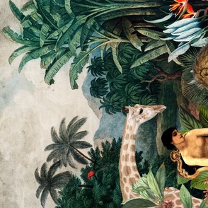 Exotic Wildlife Jungle  Landscape  Tea Towel With Antique Naked Woman, Giraffe Lion, Parrots and Palms- Vintage Wall Hanging