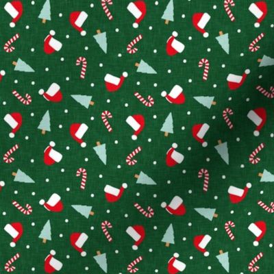 (small scale) Christmas Holiday Toss - christmas tree, candy canes, Santa hat - dark green - C22