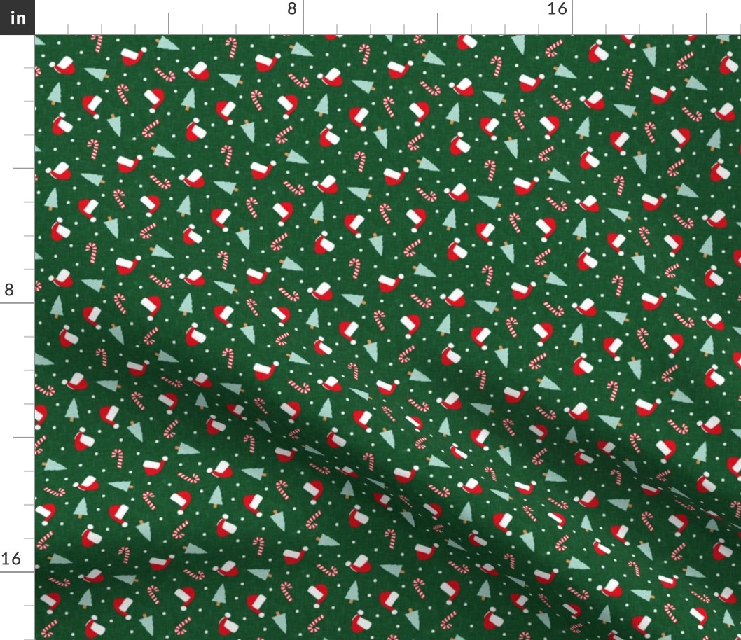 (small scale) Christmas Holiday Toss - christmas tree, candy canes, Santa hat - dark green - C22