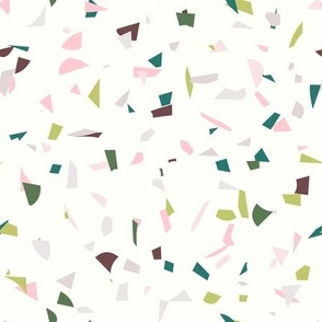 Retro Terrazzo print with greens, pinks and browns.