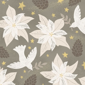 Christmas Doves and Poinsettia Floral - Neutral Colors - Extra Large Scale