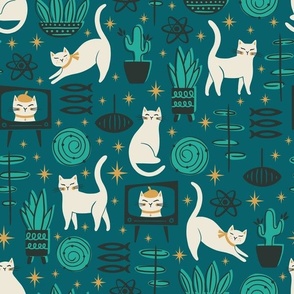 Purrfect Cat Living Room | Medium Scale | Cream Cats Teal 