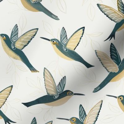 Vintage Hummingbirds in Teal, Gold and Cream