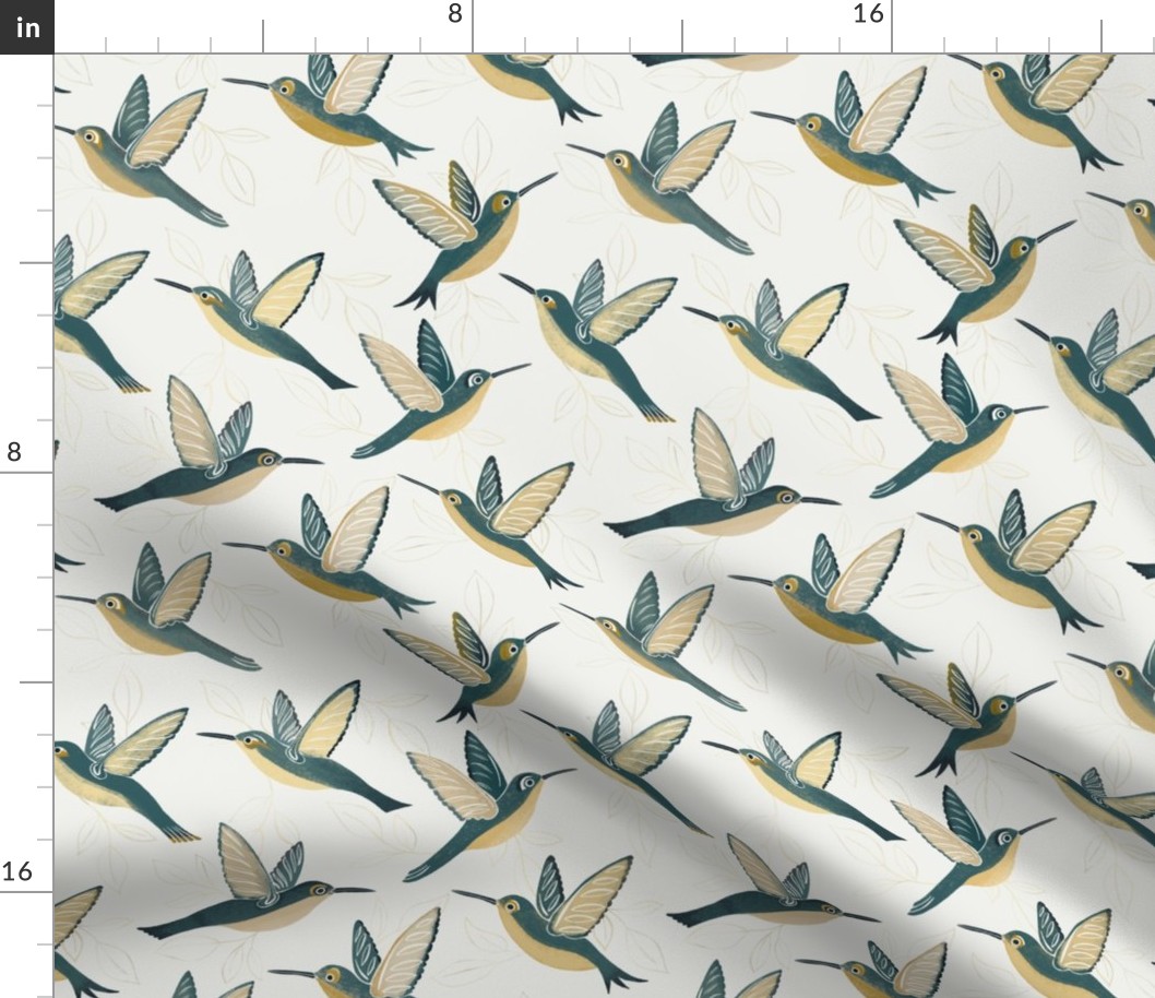 Vintage Hummingbirds in Teal, Gold and Cream