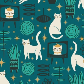 Purrfect Cat Living Room | Large Scale | Cream Cats Teal 