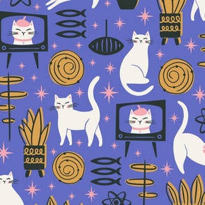 Purrfect Cat Living Room | Large Scale | White Cats Purple Mustard Pink