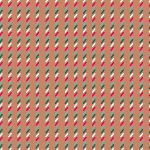 Medium Red, Mint, Teal, and White Vertical Christmas Sprinkle Stripes on Kraft Brown