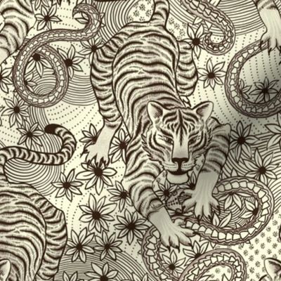 Tigers and snakes tattoo inspired- cream and black -small scale - 9" as fabric - 12" as wallpaper