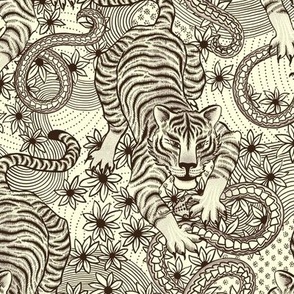 Tigers and snakes tattoo inspired- cream and black -small scale - 9" as fabric - 12" as wallpaper