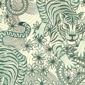 Tigers and snakes tattoo inspired - muted moss green and cream - medium scale 12"
