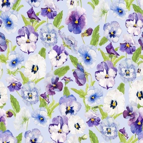 a colorful summer hand drawn panies meadow  - nostalgic pansies perfect for kidsroom wallpaper, kids room, kids decor, home decor on light blue