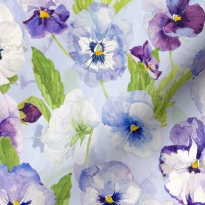 a colorful summer hand drawn panies meadow  - nostalgic pansies perfect for kidsroom wallpaper, kids room, kids decor, home decor on  light blue double layer