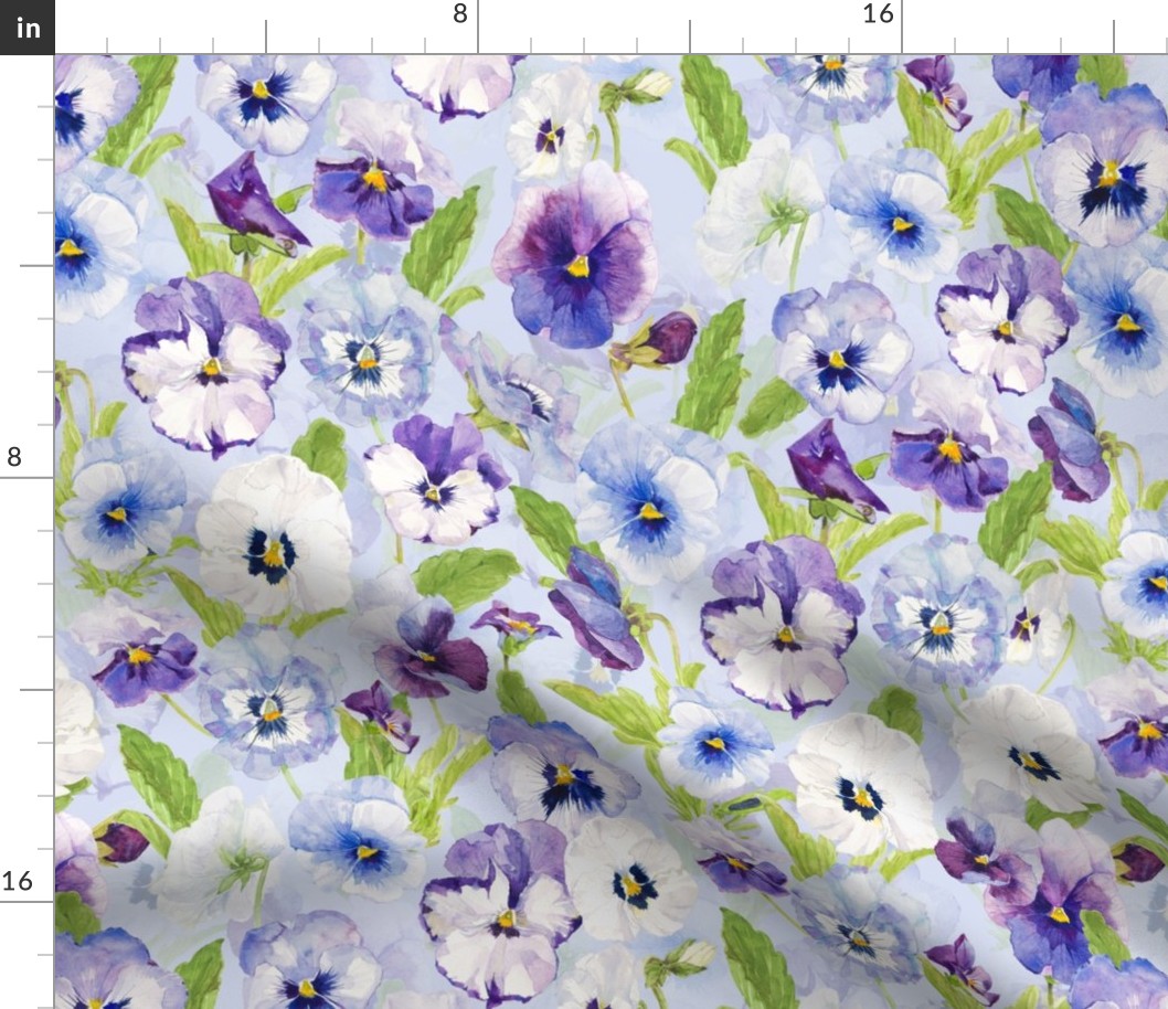 a colorful summer hand drawn panies meadow  - nostalgic pansies perfect for kidsroom wallpaper, kids room, kids decor, home decor on  light blue double layer