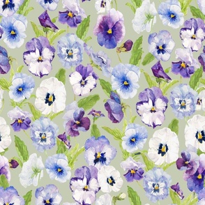 a colorful summer hand drawn panies meadow  - nostalgic pansies perfect for kidsroom wallpaper, kids room, kids decor, home decor on sage