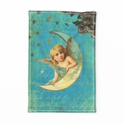 Vintage Christmas Angel and moon , nostalgic girl, gold stars on turquoise- Antique Nursery ephemera