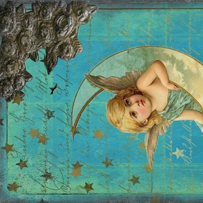 Vintage Christmas Angel and moon , nostalgic girl, gold stars on turquoise- Antique Nursery ephemera
