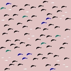 Dolphins and little fish, tiny, soft rose background