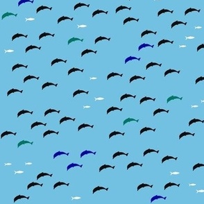 Dolphins and little fish, tiny, sky blue