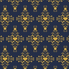 Royal ornament golden yellow damask on navy blue (large)