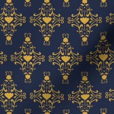 Royal ornament golden yellow damask on navy blue (small)