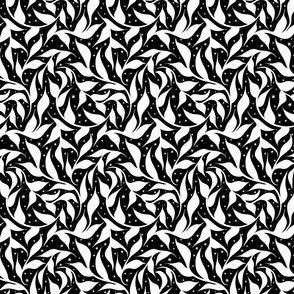 Black and White Branches Leaves and Flowers - Small Scale Ditsy