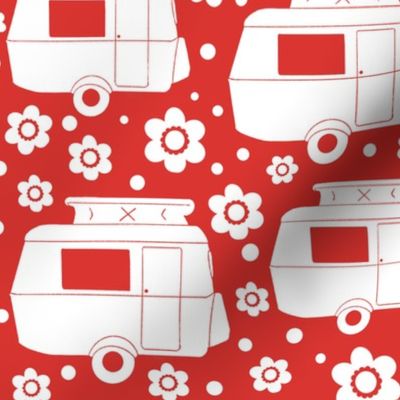 Blockprinted white vintage caravans with daisies and polka dots on brick red