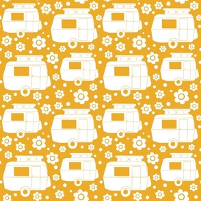 Blockprinted white caravans with daisies and polka dots on mustard yellow