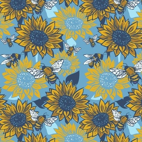 Linoprint sunflowers and honeybees