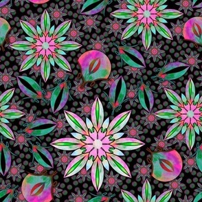 Teal and Pink Water Color Cutout Flowers on Black