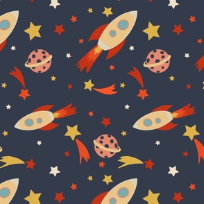 Retro Galaxy with Planets and Space Rockets on Navy Blue