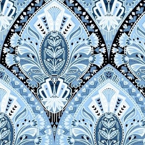 Art Nouveau  Floral Flourish - blue,  small scale