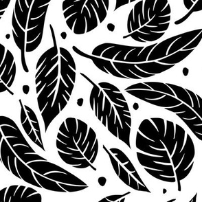 Tropical Leaves in Classic Black on White - Large Scale - Jungle Forest Plants 