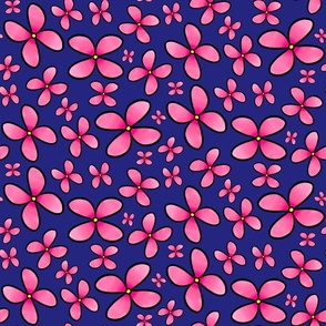 Ditsy Pink Flowers on Blue - Small Scale on Solid Blue Background