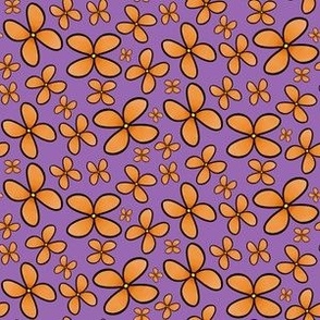 Ditsy Orange Flowers on Purple - Small Scale