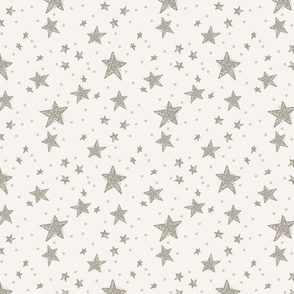 Stamped Random Stars in Neutral Taupe on Off White - Medium Scale