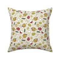Medium Scale Red and White Wine Grapes and Cheese on Tan Crosshatch