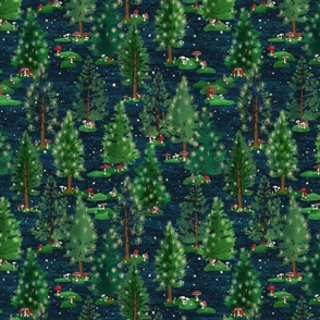 Medium Christmas Enchanted Forest with Mushrooms and Moss on Midnight blue