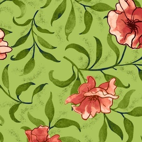 Watercolor Poppies in scoral red with delicate foliage on lush green fabric