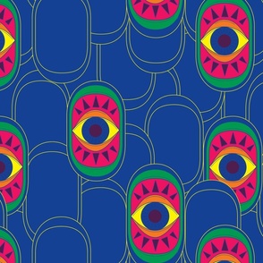 60s Groovy Art Deco All Seeing Eyes on Blue