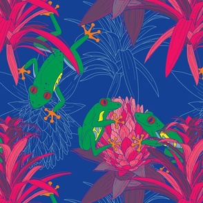 Groovy Maximalist 60s Tree Frogs and Bromeliad Blacklight UV Floral 