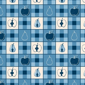 Apples and Pears Vintage Gingham  - small - blue plaid, blue check, fall, autumn, thanksgiving, fruit plaid, vintage fruit, picnic, blue gingham