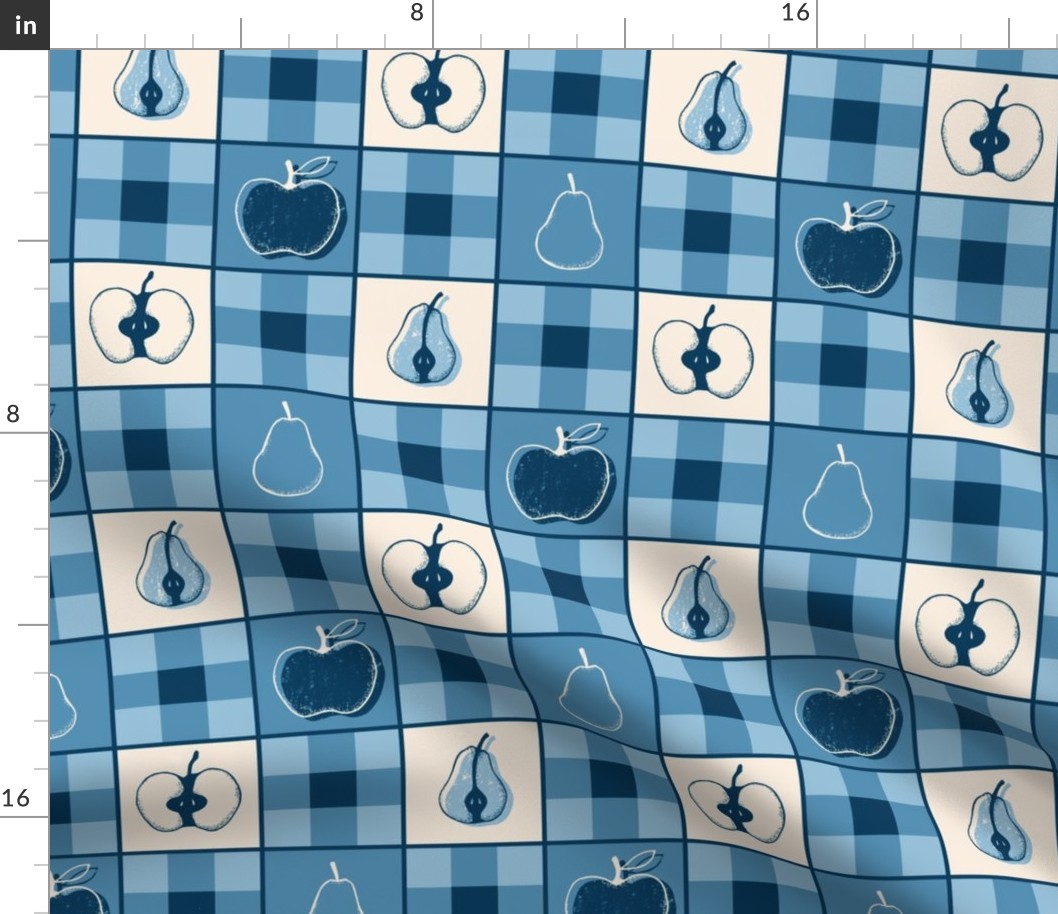 Apples and Pears Vintage Gingham  - small - blue plaid, blue check, fall, autumn, thanksgiving, fruit plaid, vintage fruit, picnic, blue gingham