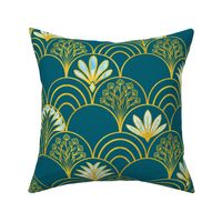 Art Deco Fans Gold Flowers and Rainbows on Ocean Blue