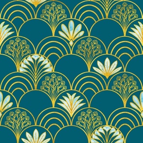 Art Deco Fans Gold Flowers and Rainbows on Ocean Blue