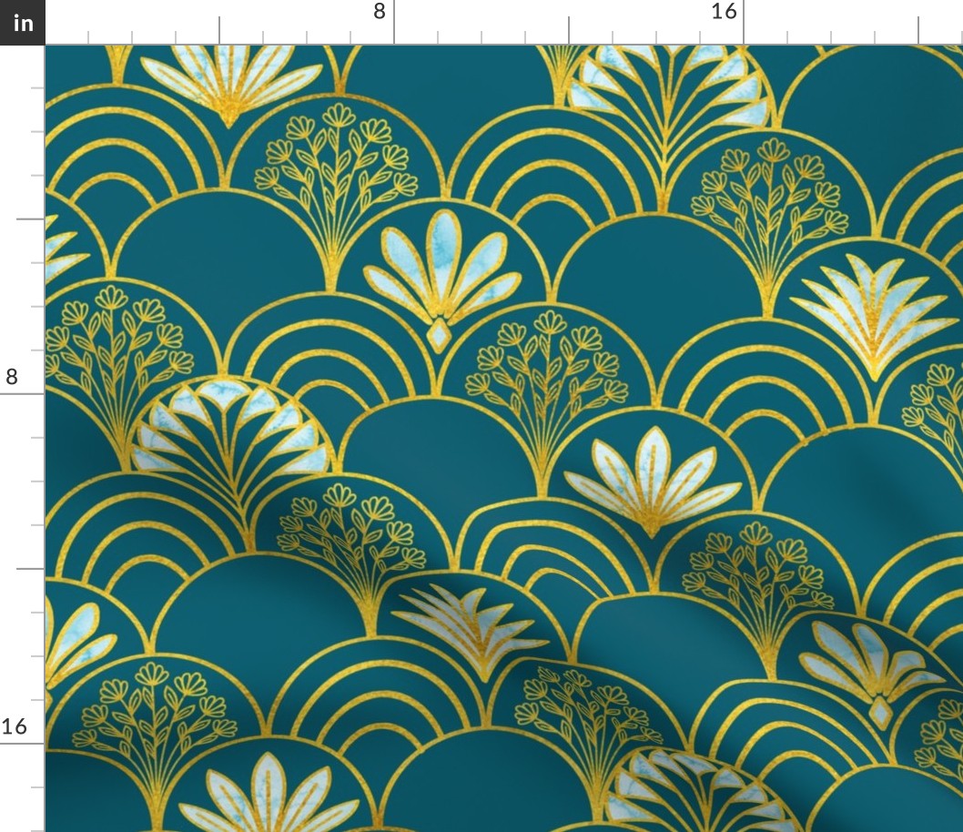 Art Deco Fans Gold Flowers and Rainbows on Ocean Blue