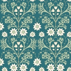 Small Arts and Crafts Australian Native Flannel Flowers with Whaling Waters Teal Background