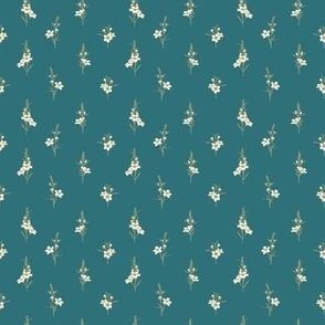 Small  Australian Native Geraldton Wax White Flowers with Whaling Waters Teal Background