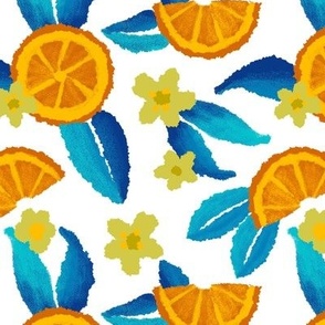 Summer Oranges with Blue Leaves and Flowers 