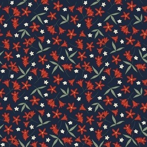 Small Ditsy Australian Native Christmas Bush Florals with Midnight Blue Background