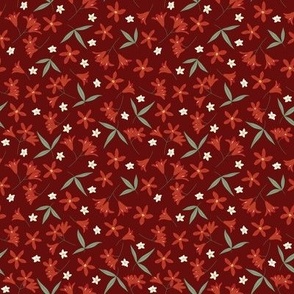 Small Ditsy Australian Native Christmas Bush Florals with Ox Blood Organ Red  Background